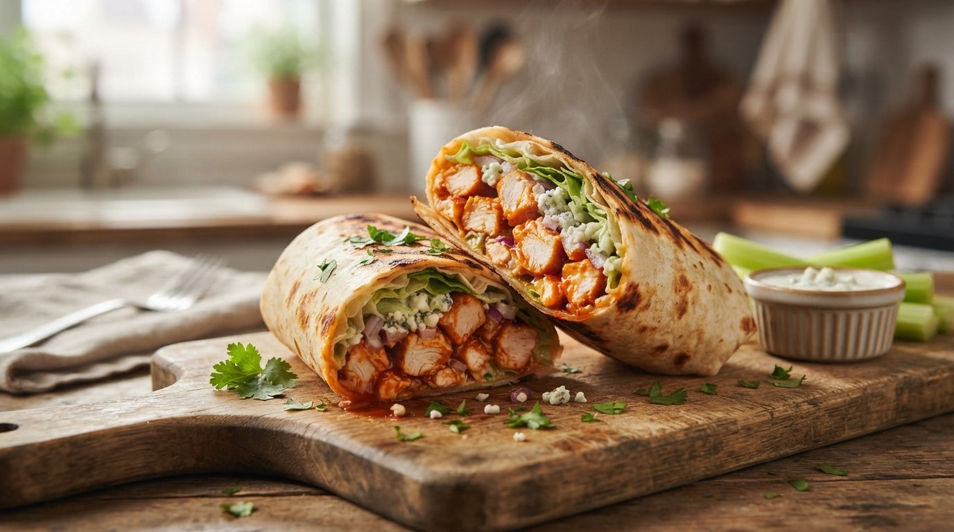 Wrap de pollo picante estilo búfalo cortado por la mitad en freidora de aire