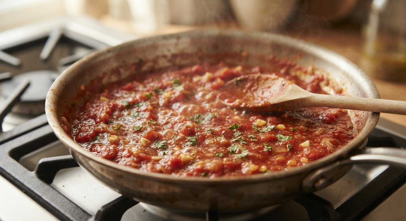 Salsa de tomate con ajo y cebolla cocinándose en una sartén