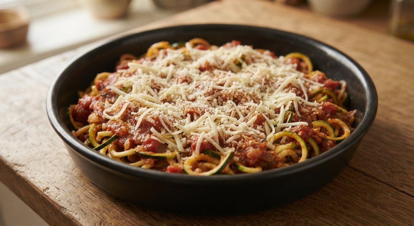 Espaguetis de calabacín mezclados con la salsa de tomate en un molde apto para freidora, con queso por encima