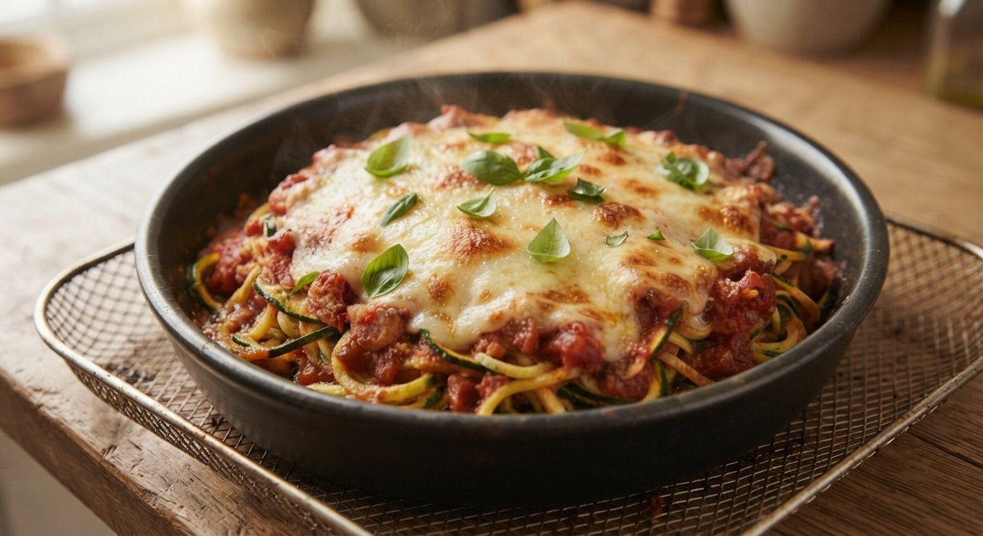Espaguetis de calabacín con tomate y queso gratinado, dorado y burbujeante, recién sacados de la freidora