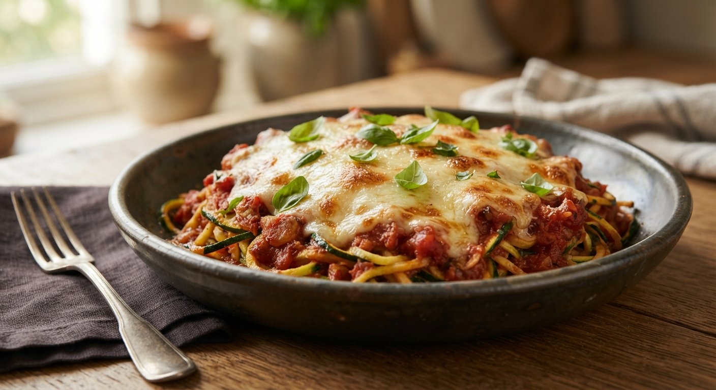 Espaguetis de calabacín con tomate y queso gratinado en freidora de aire