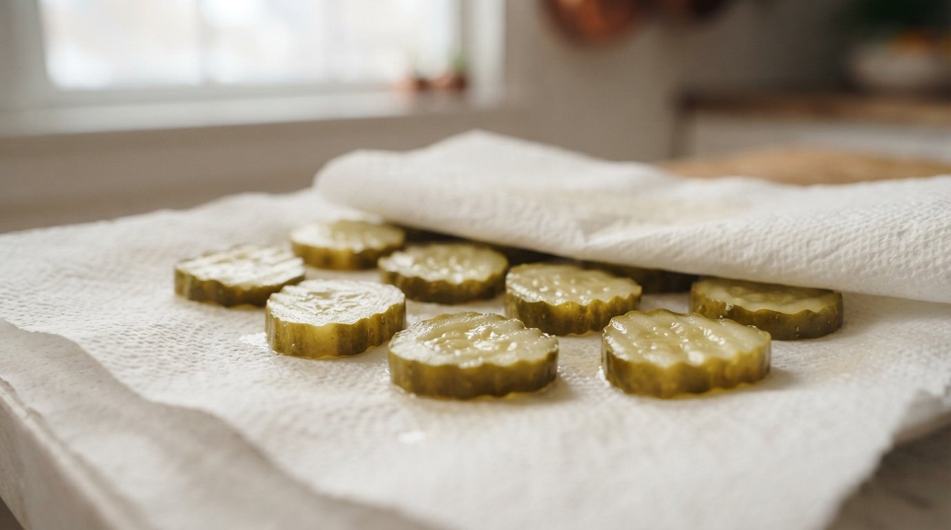 Rodajas de pepinillo escurridas y secadas sobre papel de cocina