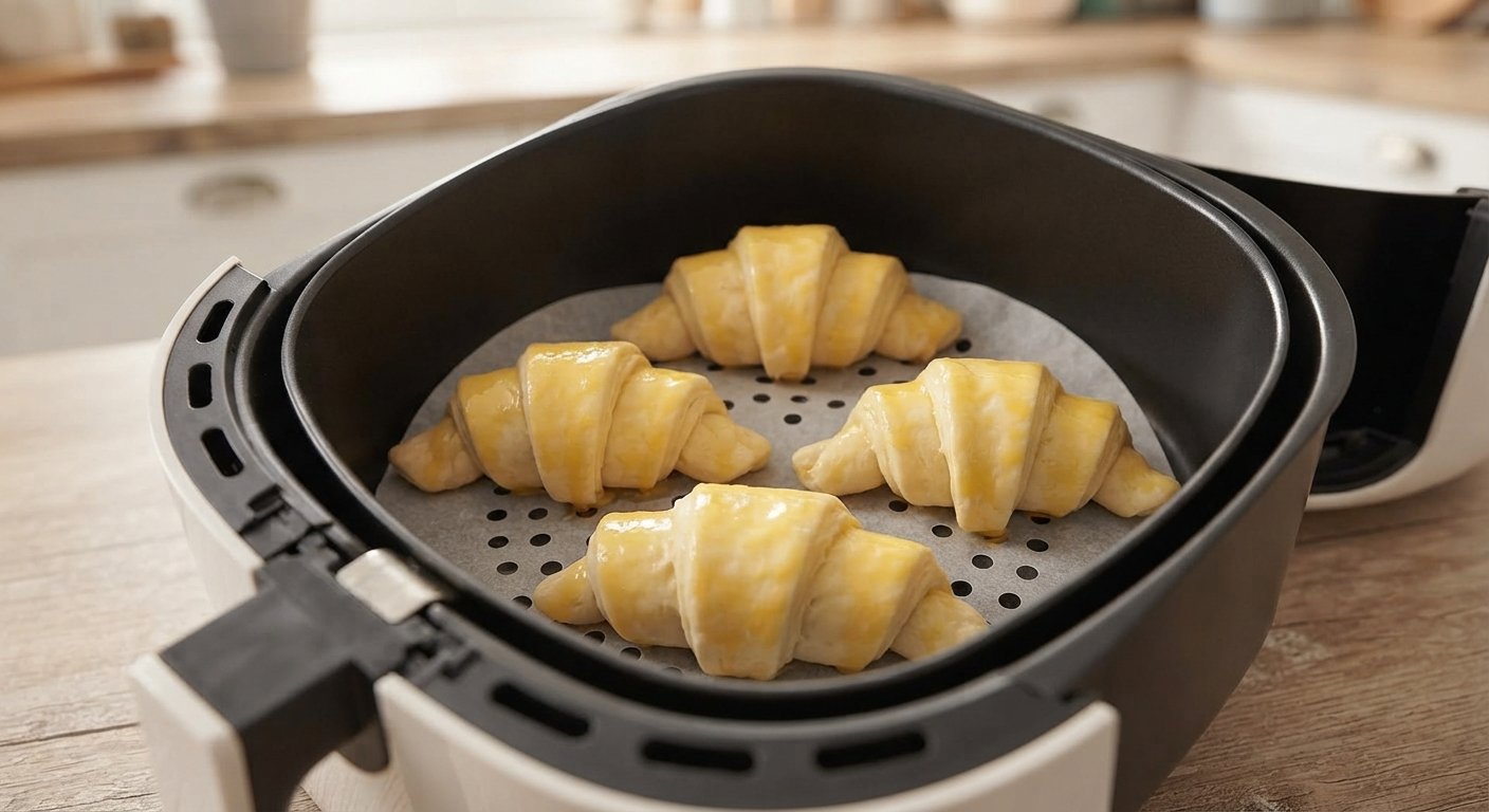 Croissants formados y pincelados con huevo dentro de la cesta de la freidora de aire