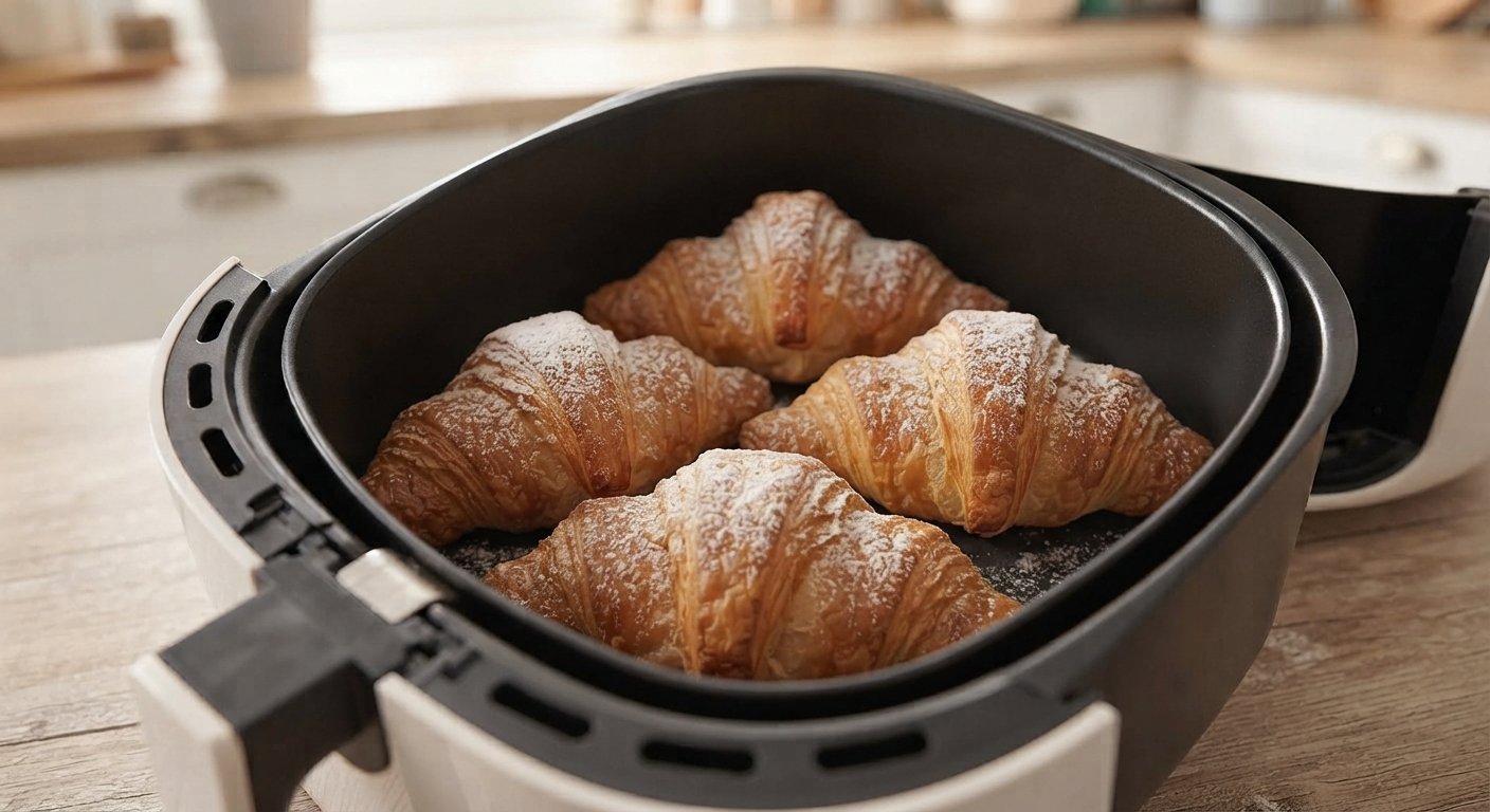 Croissants de Nutella dorados y hojaldrados recién sacados de la freidora, con azúcar glas espolvoreado