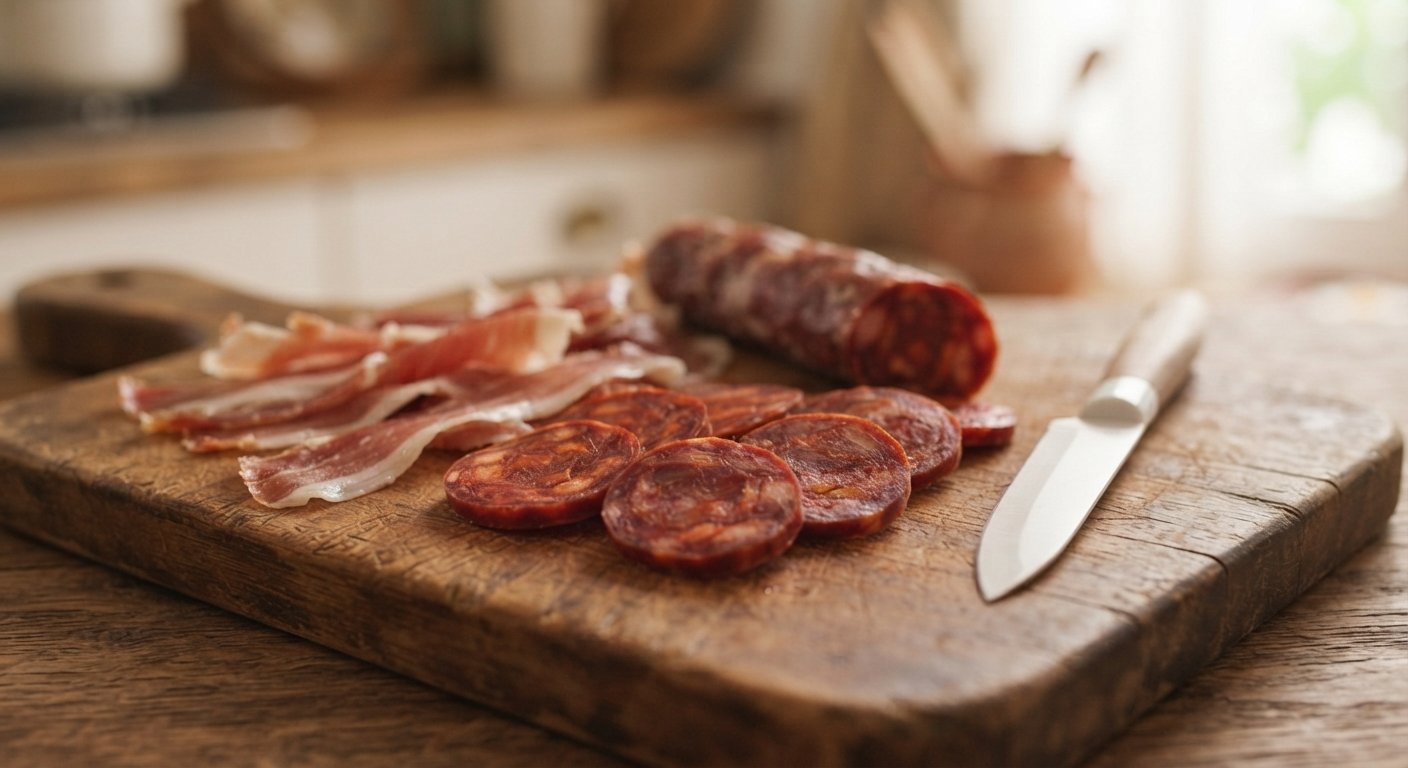 Rodajas de chorizo y tiras de jamón sobre una tabla de madera