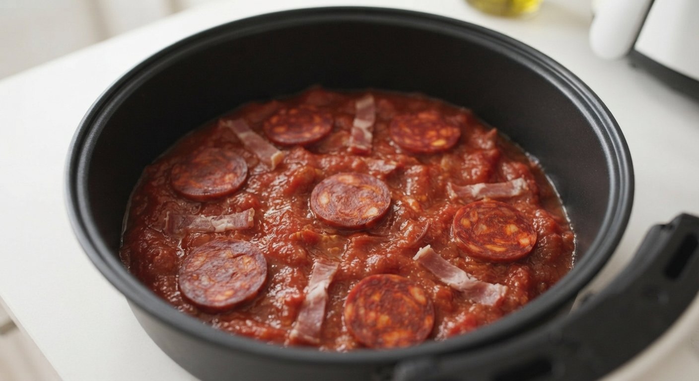 Salsa de tomate, chorizo y jamón repartidos en el fondo de un plato apto para freidora de aire