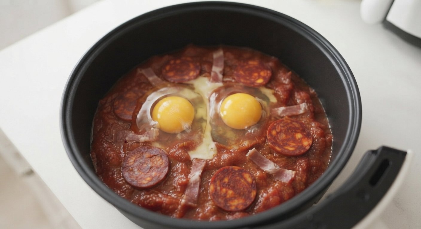 Huevos crudos cascados sobre la mezcla de tomate, chorizo y jamón