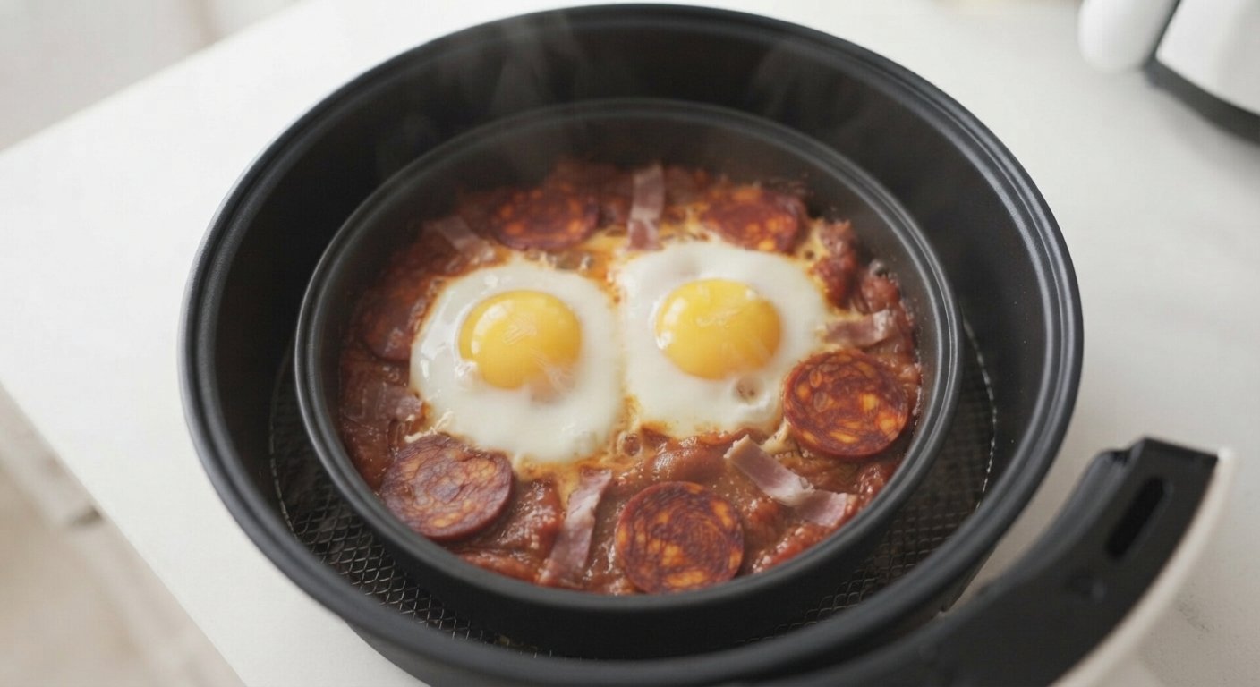 Huevos al plato terminados, con la clara cuajada y la yema jugosa, recién sacados de la freidora