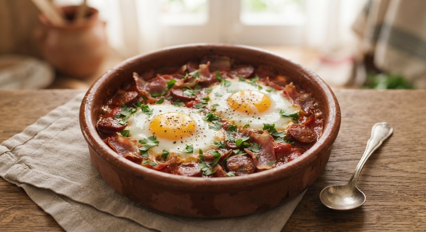 Huevos al plato con chorizo y jamón en freidora de aire