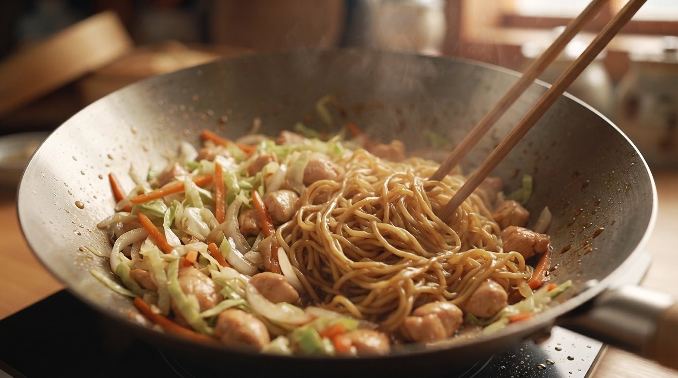 Fideos yakisoba siendo escurridos tras cocerse, en un colador