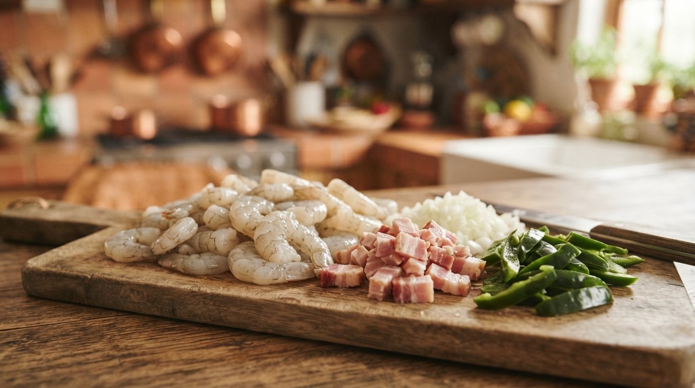 Camarones pelados, bacon picado, pimiento y cebolla sobre una tabla de cortar