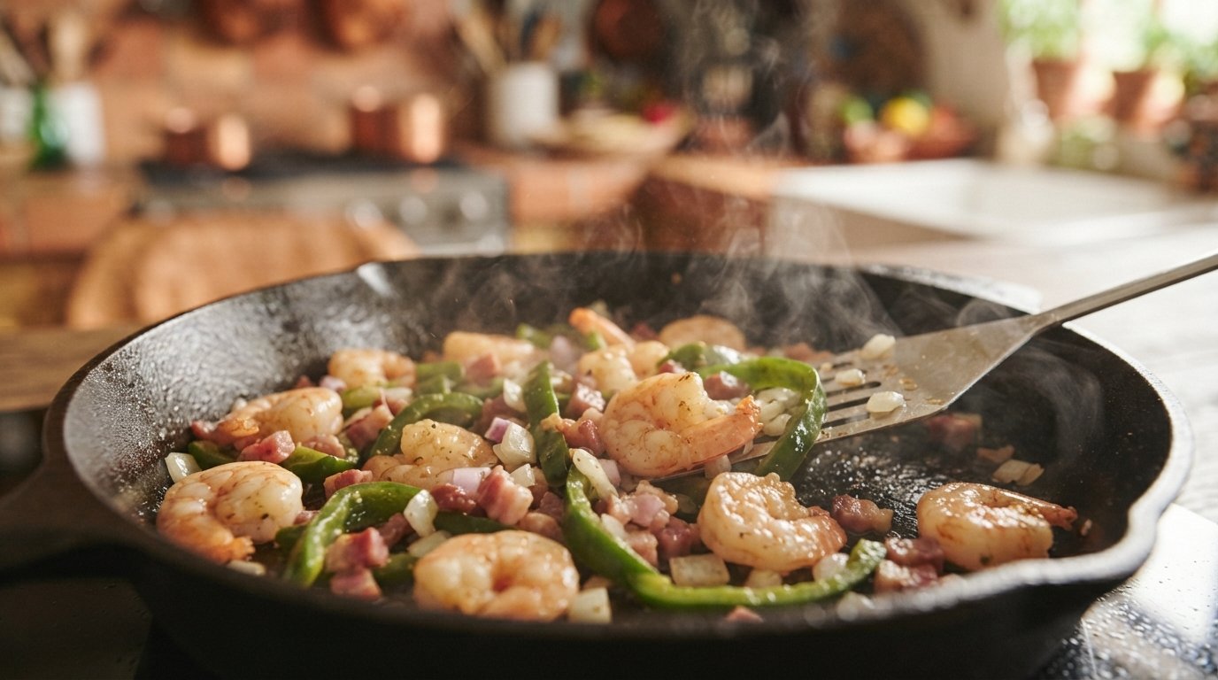 Camarones, bacon, pimiento y cebolla salteándose en una sartén