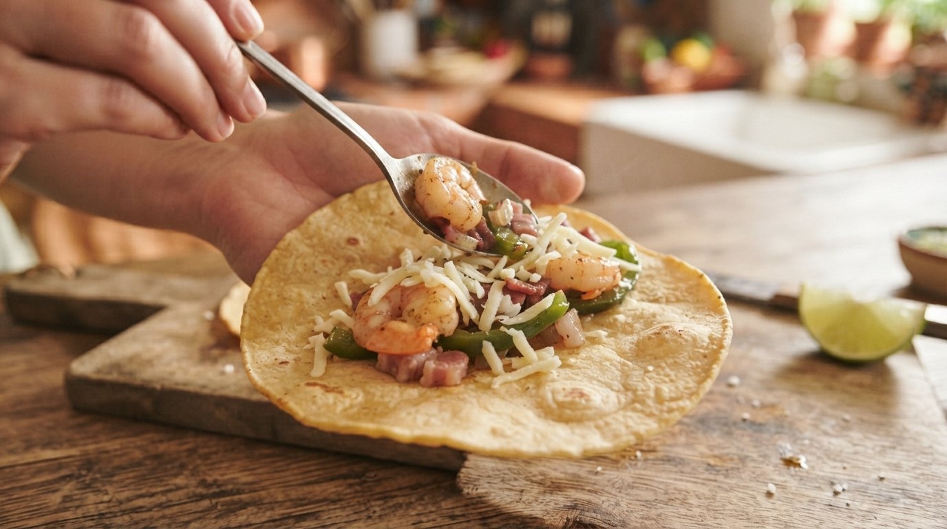 Tortilla siendo rellenada con el sofrito y el queso, antes de cocinar