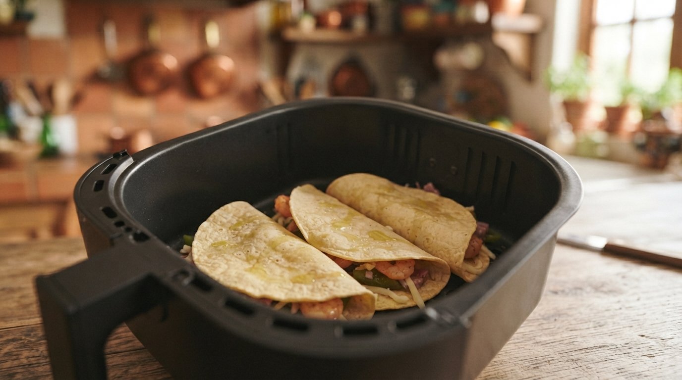 Tacos montados dentro de la cesta de la freidora de aire, antes de cocinar