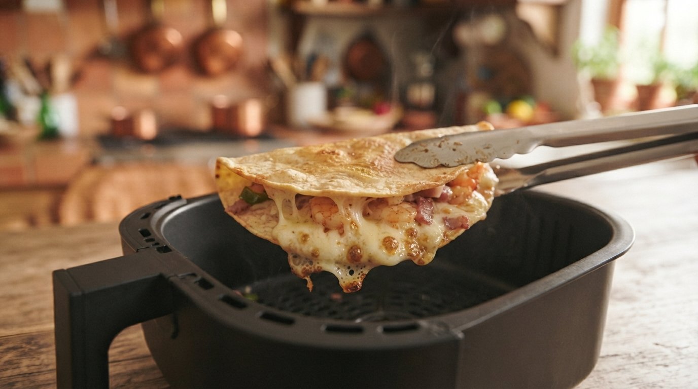 Taco gobernador recién sacado de la freidora, con el queso fundido asomando por los bordes