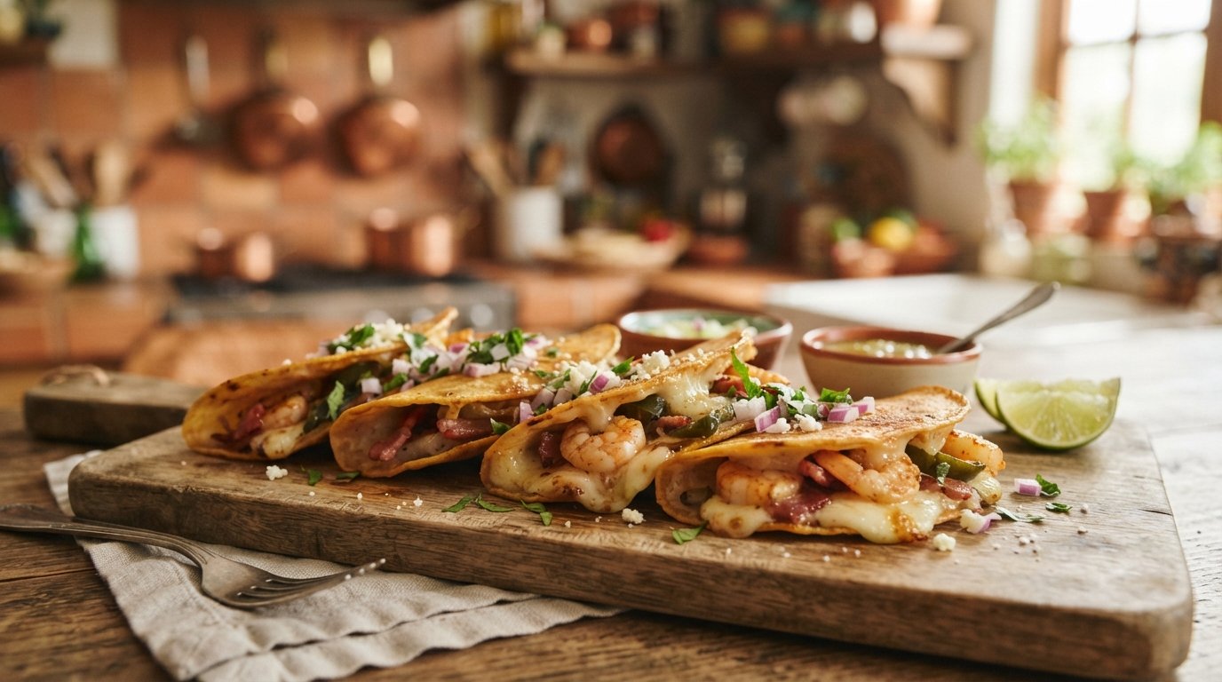 Tacos gobernador con camarón y queso fundido en freidora de aire
