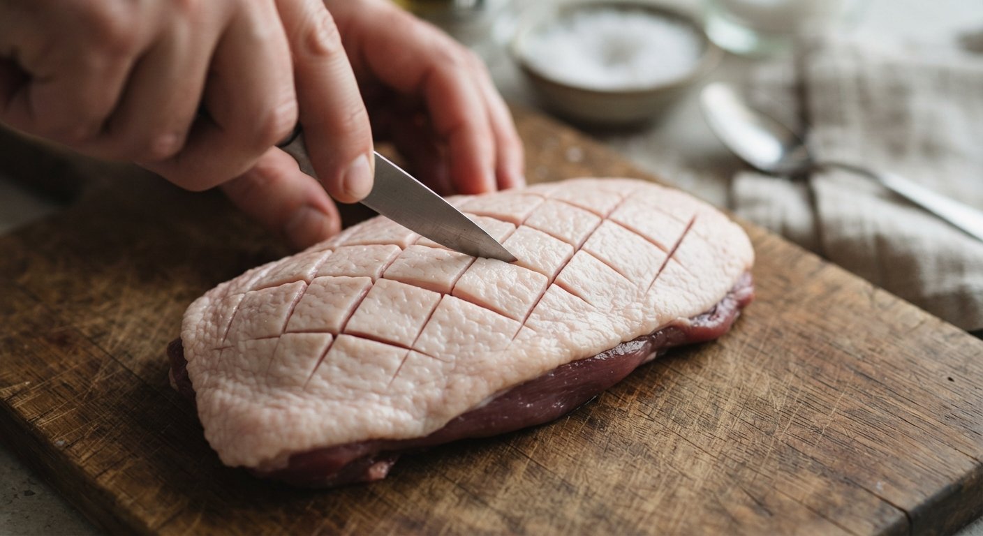 Piel de un magret de pato siendo marcada con cuchillo en forma de rejilla