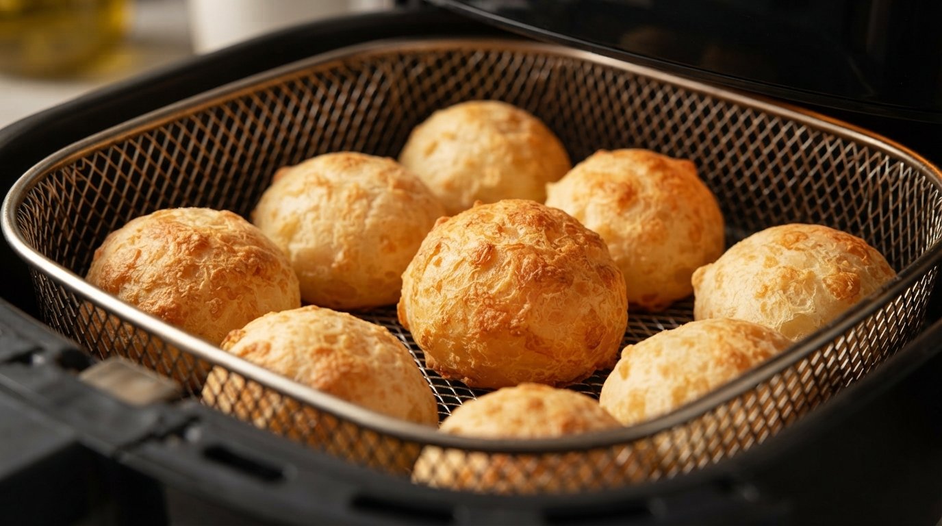 Pan de queso cocinándose en la cesta de la freidora de aire