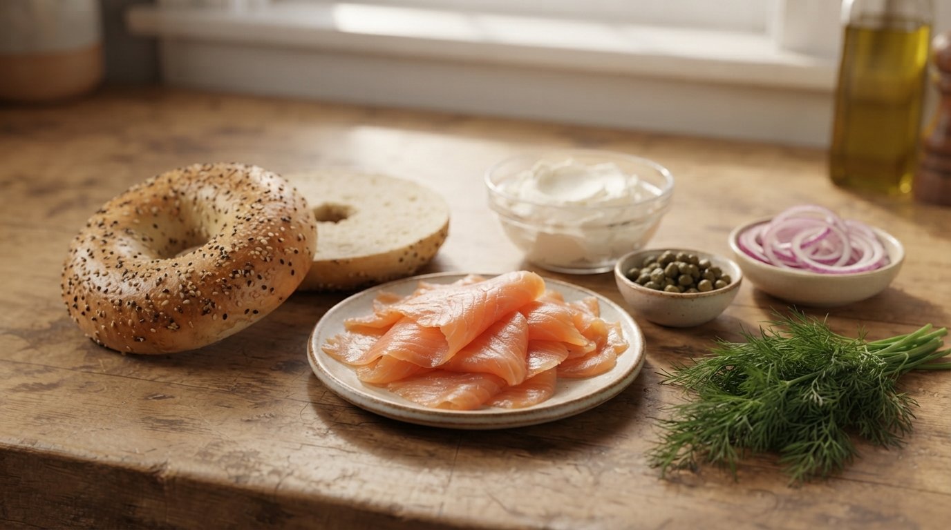 Ingredientes del bagel: salmón, queso crema, alcaparras, cebolla morada y eneldo organizados