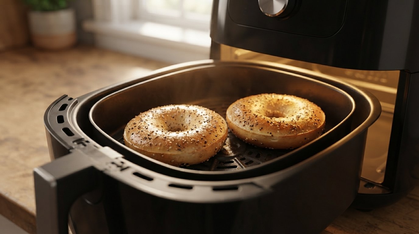 Dos mitades de bagel siendo tostadas en la cesta de la freidora de aire