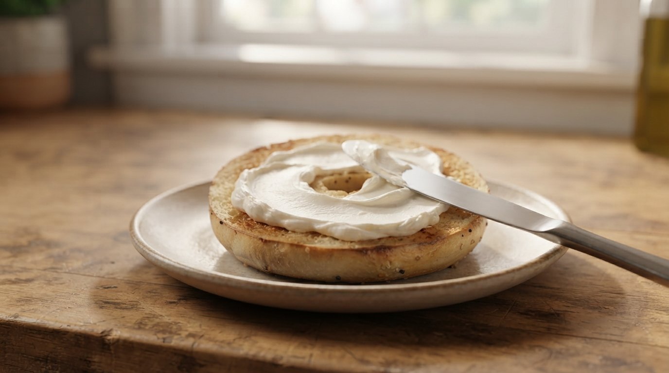 Queso crema siendo untado en el bagel tostado con un cuchillo