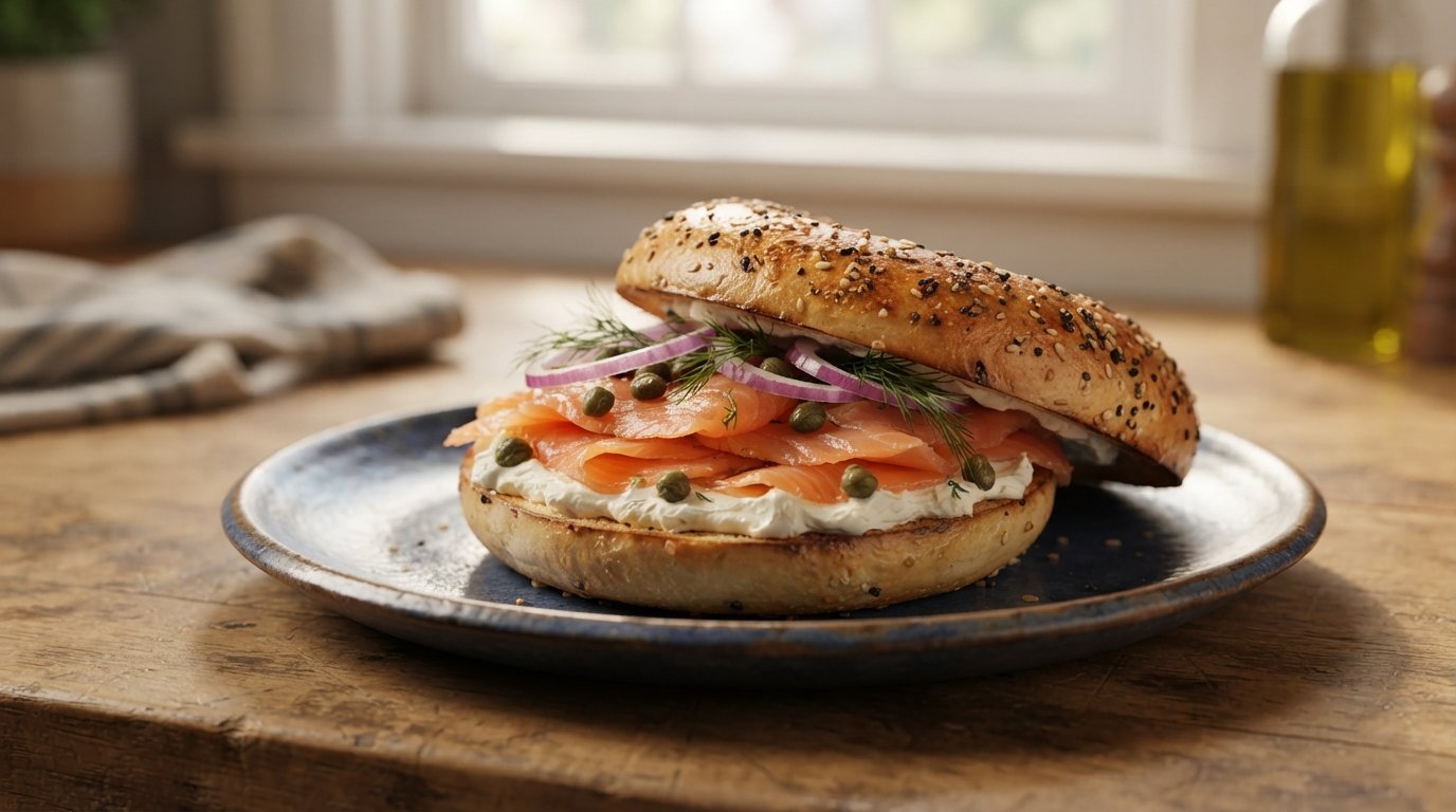 Bagel de salmón y queso crema abierto mostrando todas sus capas