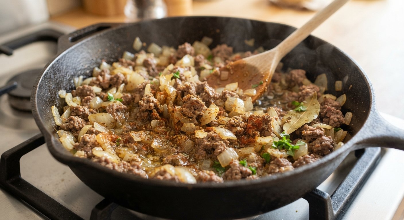 Cebolla pochándose con carne picada y especias en una sartén