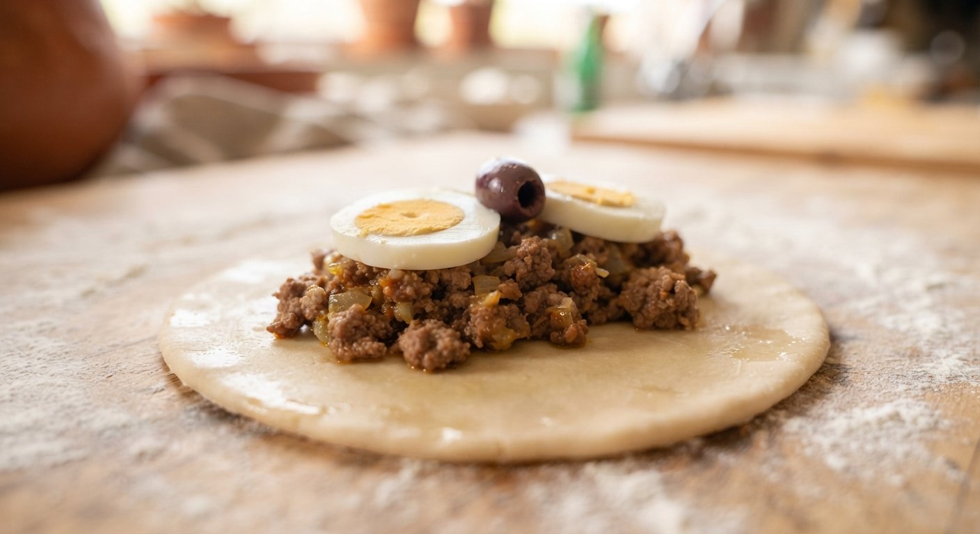 Disco de masa relleno con pino, huevo duro y aceituna