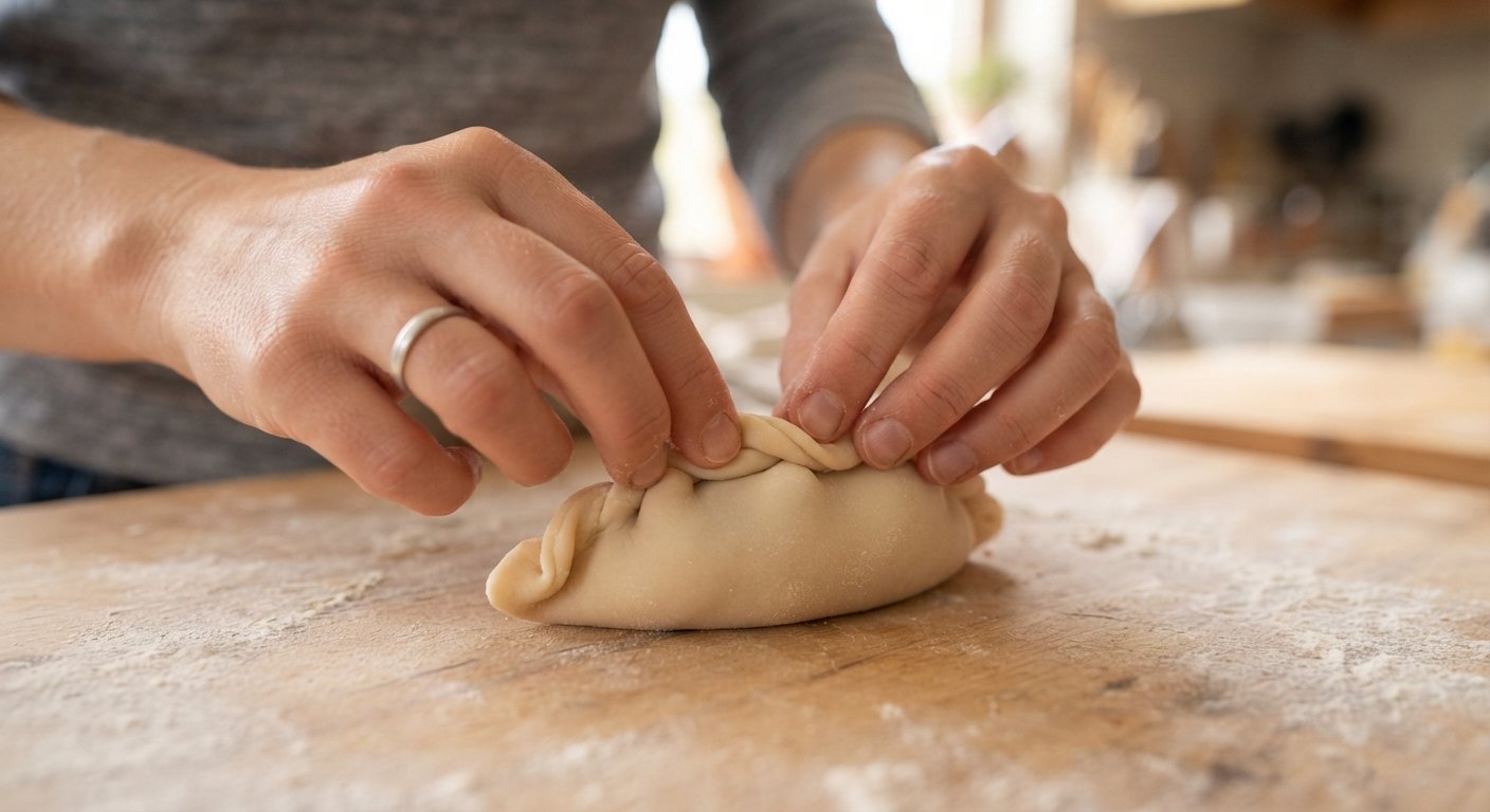Manos cerrando y repulgando una empanada chilena