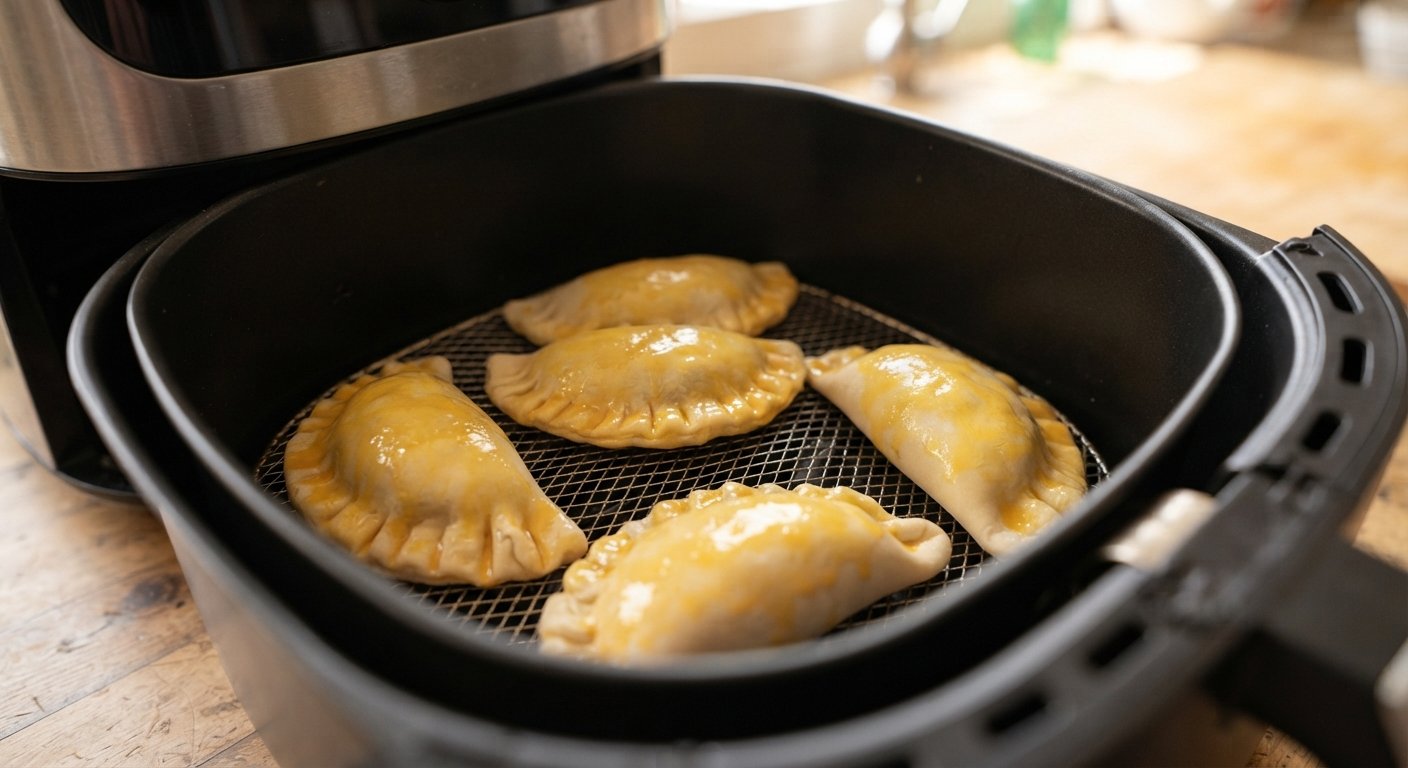 Empanadas pincelbadas con huevo en la cesta de la freidora de aire