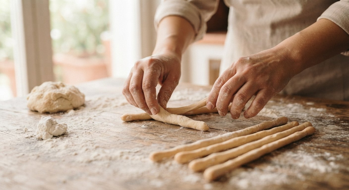 Manos estirando tiras finas de masa sobre una superficie enharinada, formando los grissini