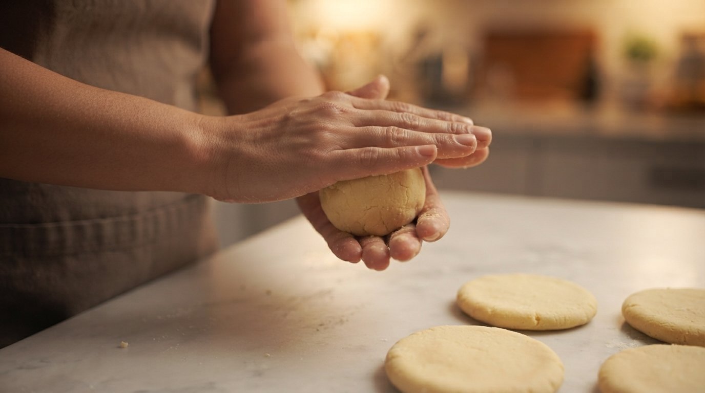 Formando y aplastando las bolitas de masa de arepa