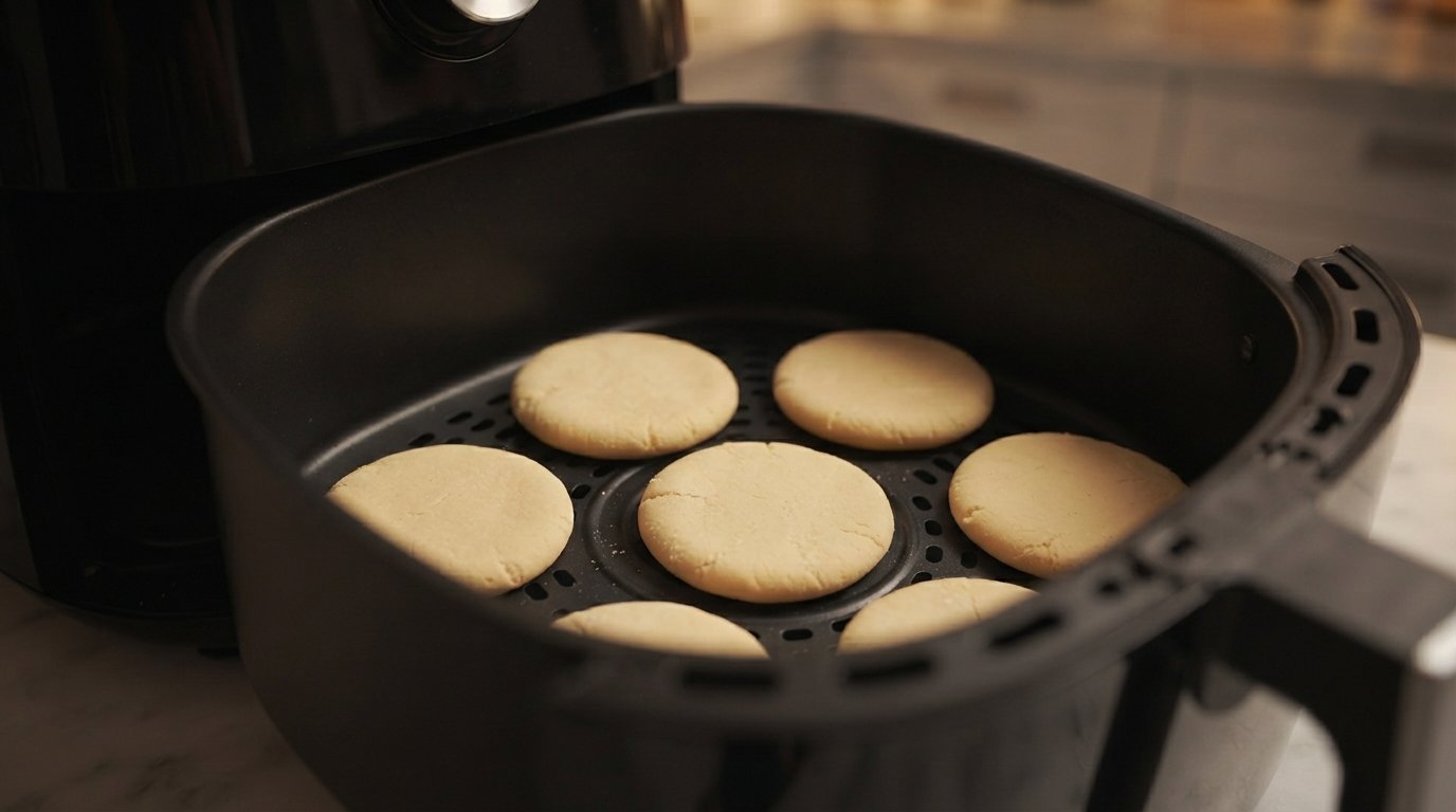 Arepas crudas colocadas en la cesta de la freidora de aire