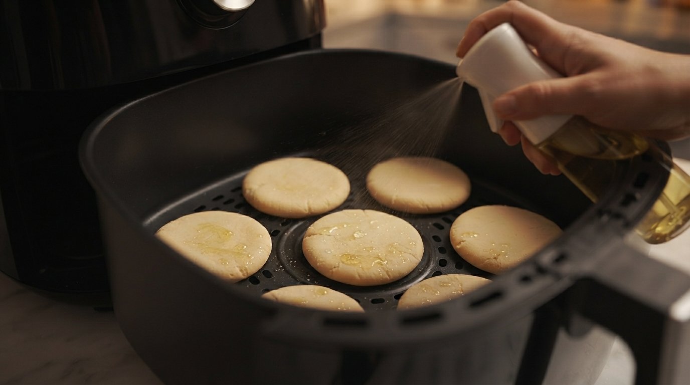 Rociando aceite en spray sobre las arepas antes de cocinarlas