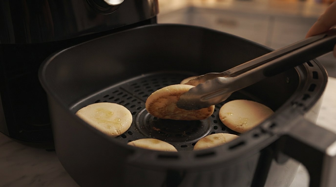 Dando la vuelta a las arepas a mitad de cocción con unas pinzas
