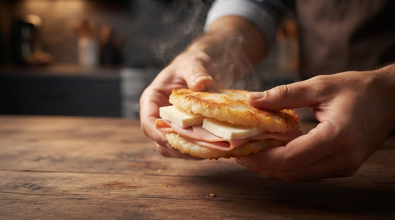 Abriendo la arepa por la mitad y rellenándola con queso y jamón