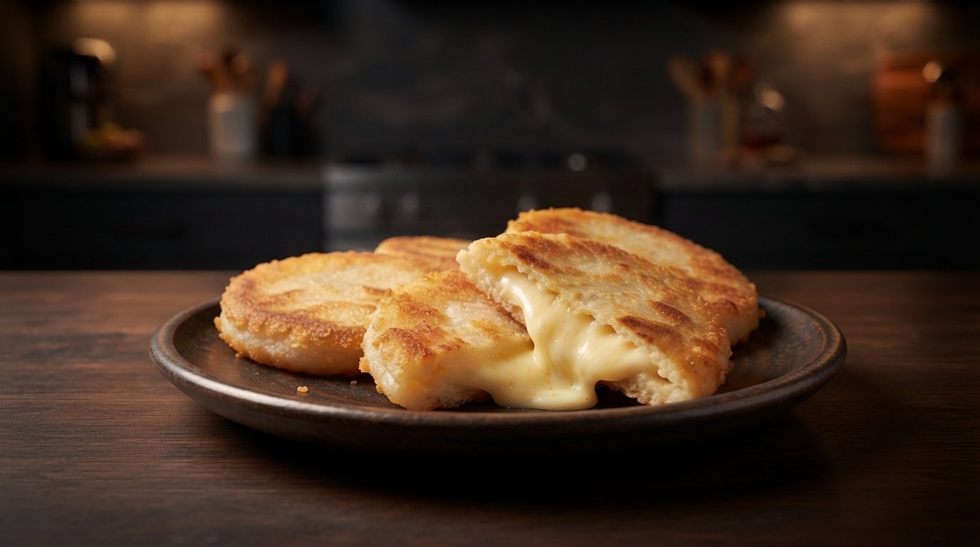 Arepas rellenas servidas en un plato, una cortada mostrando el relleno