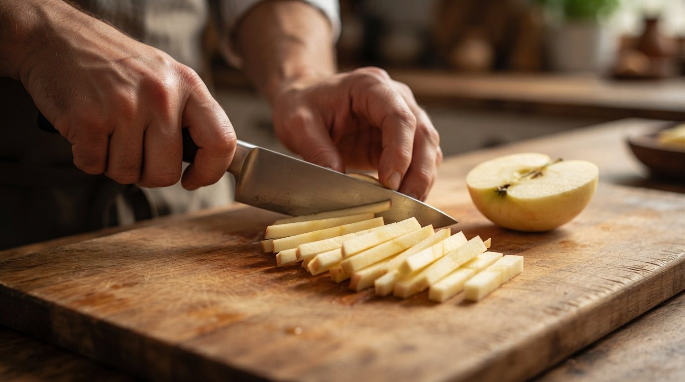 Cortando manzanas en bastones finos sobre una tabla de madera