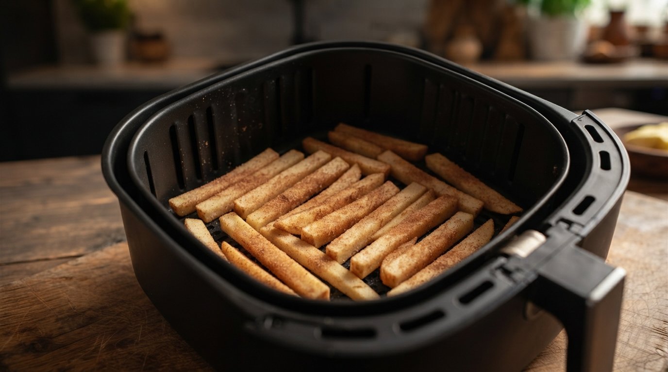 Bastones de manzana repartidos en la cesta de la freidora de aire