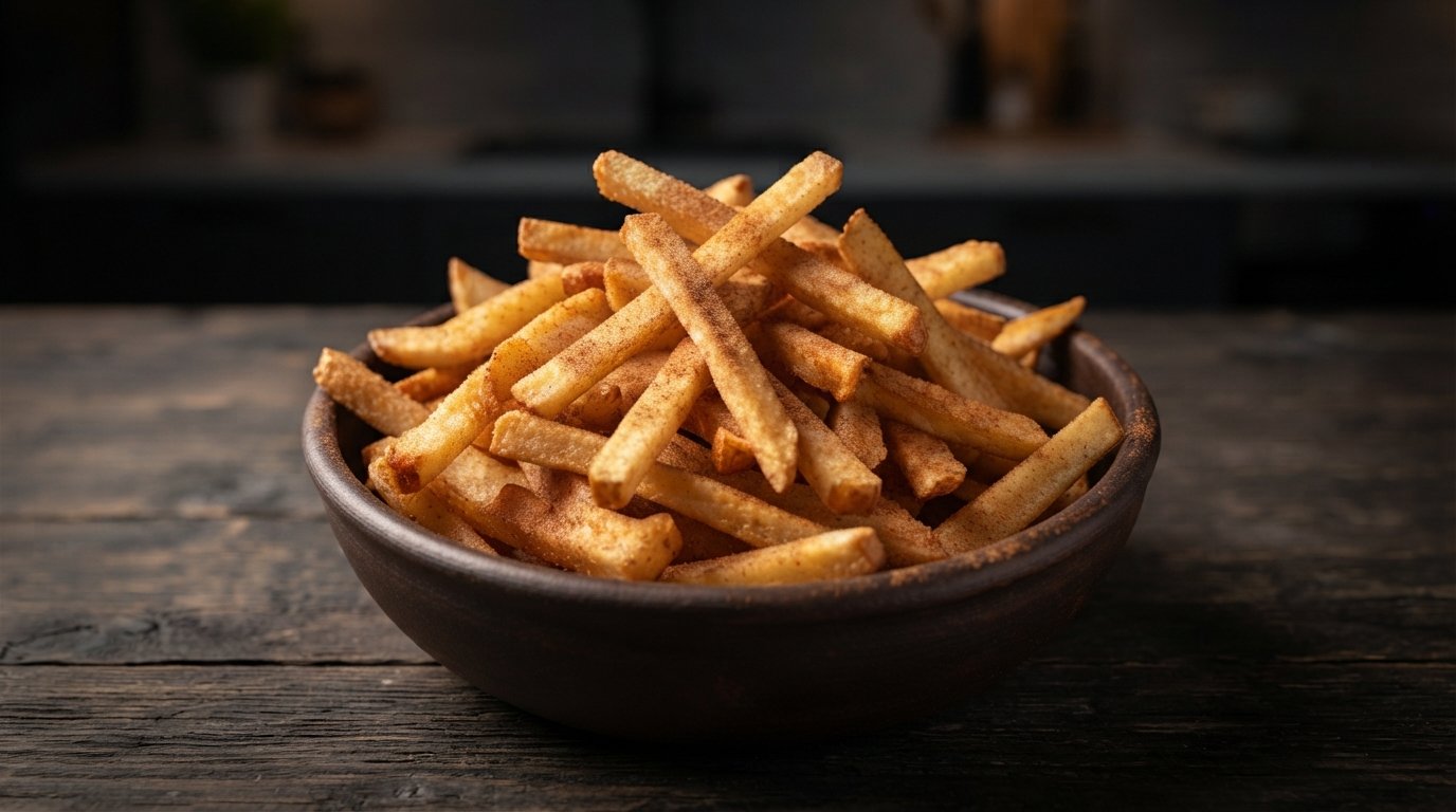 Patatas fritas de manzana servidas en un cuenco espolvoreadas con canela