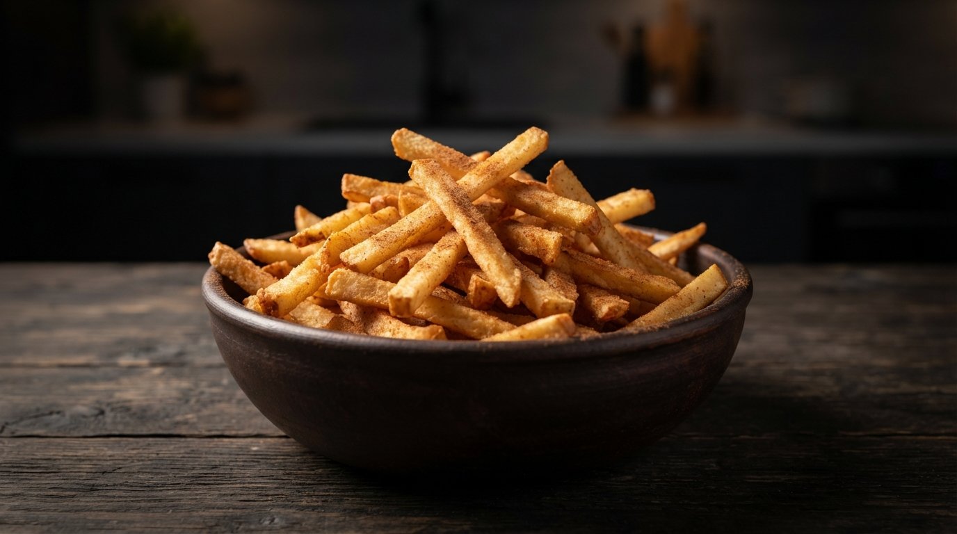 Patatas fritas de manzana crujientes recién hechas en freidora de aire
