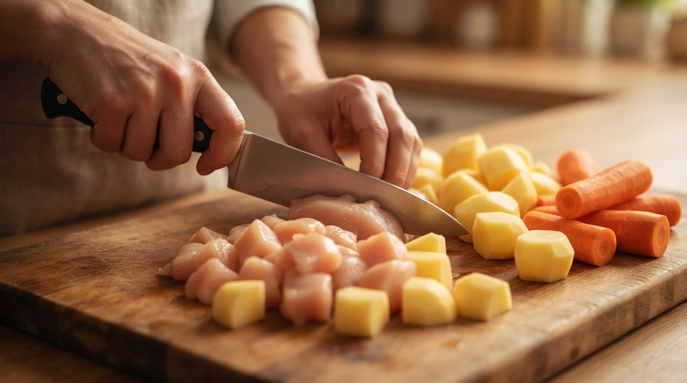 Cortando pollo, patatas y zanahoria en trozos similares