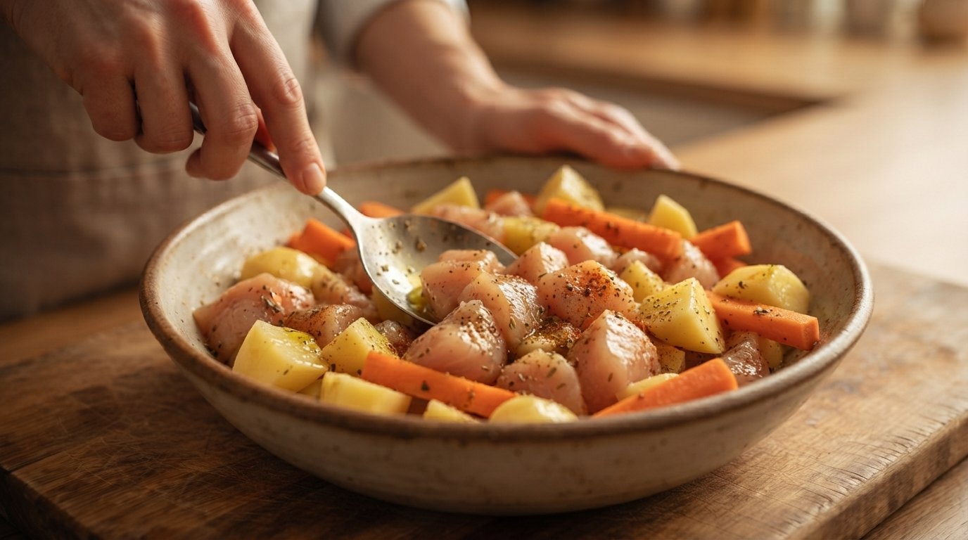 Pollo, patatas y zanahoria aliñándose con aceite y especias en un bol