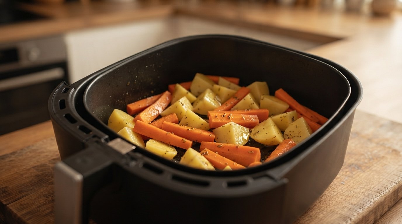 Patatas y zanahoria repartidas en la cesta de la freidora de aire