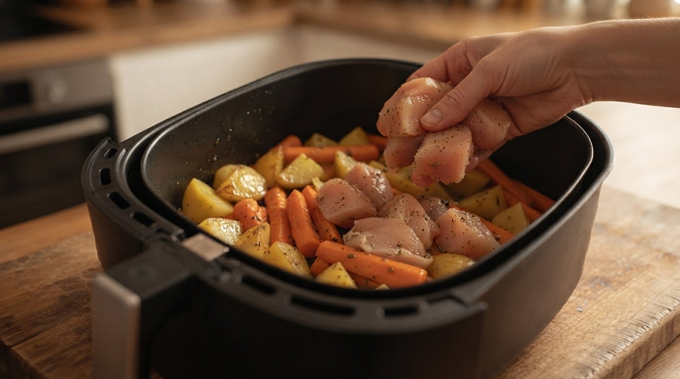 Trozos de pollo añadidos junto a las patatas y zanahoria en la cesta