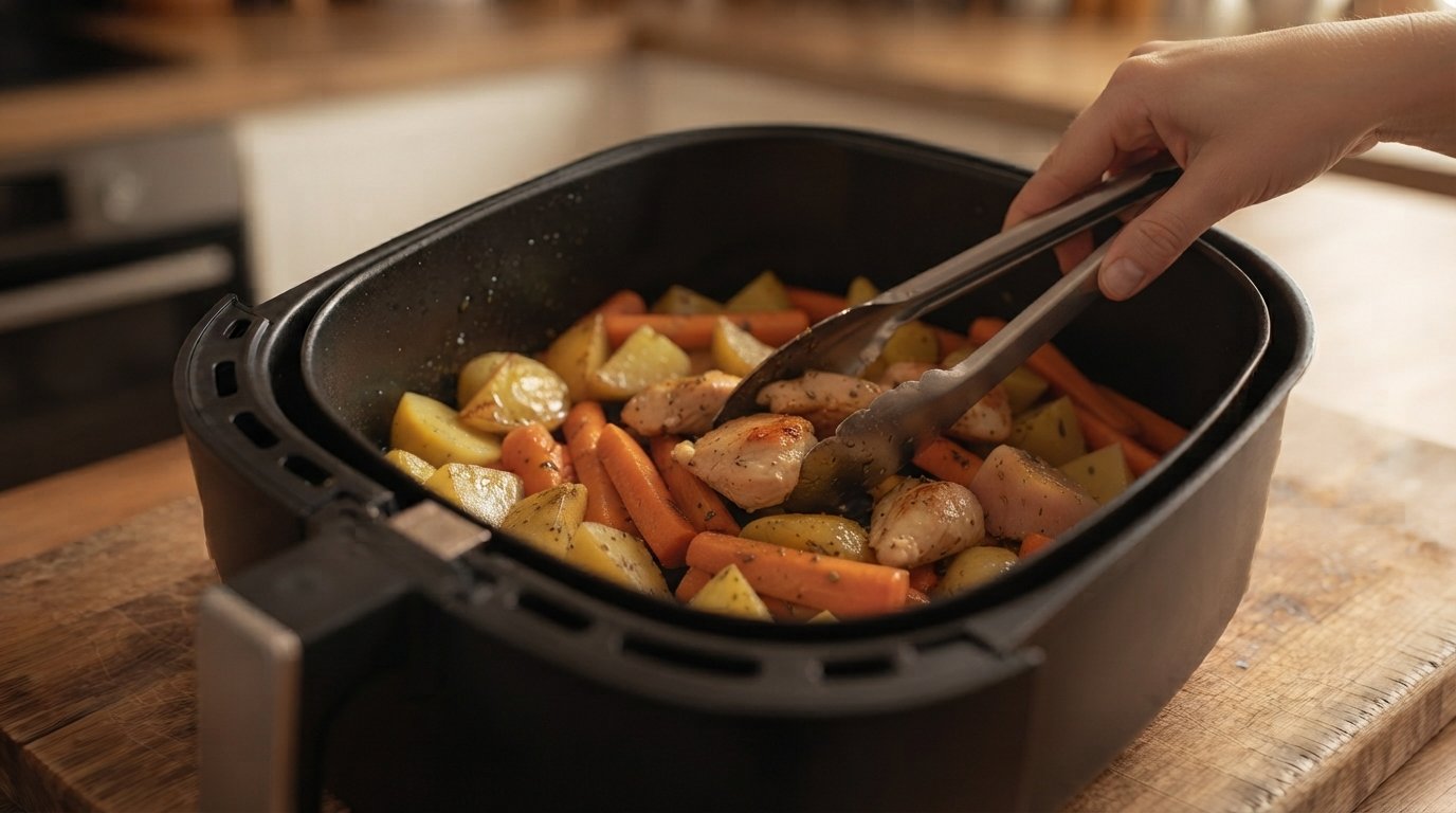 Removiendo el pollo, las patatas y la zanahoria dentro de la freidora