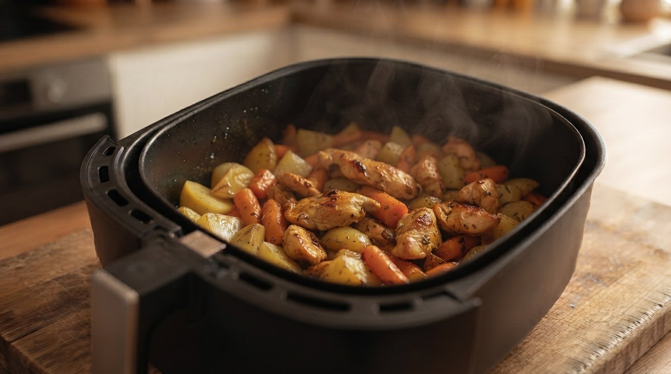 Salteado de pollo con zanahoria y patatas dorado recién sacado de la freidora
