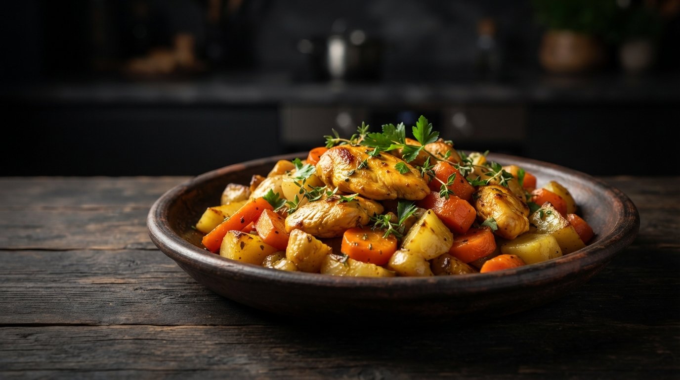 Salteado de pollo con zanahoria y patatas recién hecho en freidora de aire