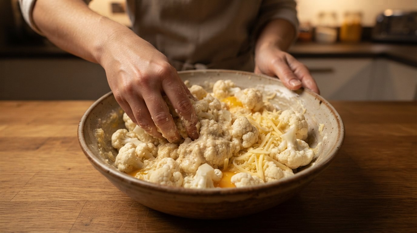 Mezclando coliflor rallada con huevo y queso para la masa