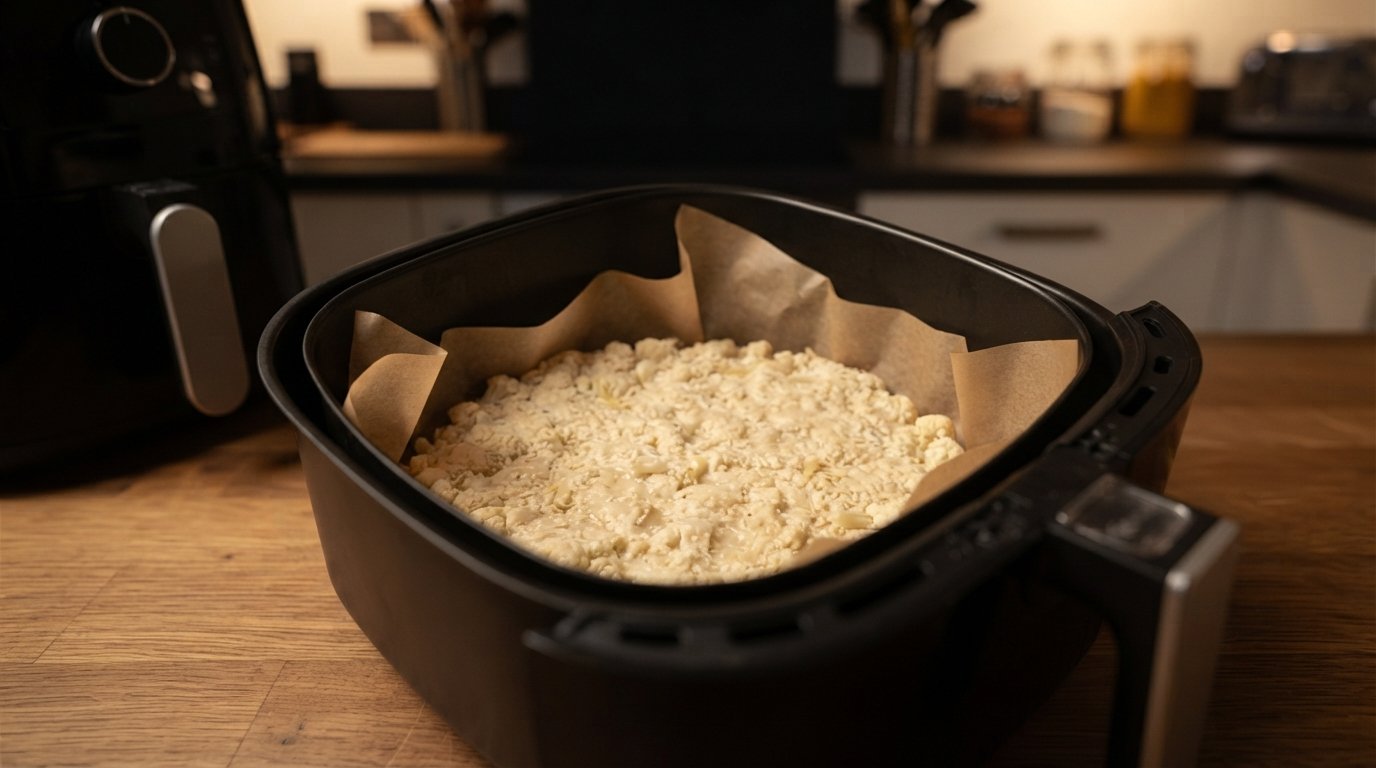 Base de coliflor precocinándose sola en la cesta de la freidora